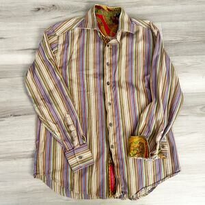 Robert Graham Shirt Men Medium Brown Striped Flip Cuff Colorful Button Dress EUC